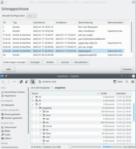 Abbildung 2: Im Verzeichnis <code>.snapshots/</code> lassen sich die Zustände der Root-Partition vor und nach jeder Softwareinstallation wie ein vollständiges Dateisystem auslesen. Dank einer Differenzfunktion im Dateisystem Btrfs läuft bei der Speicherbelegung dennoch nur die Summe aller Veränderungen auf.