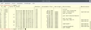 Abbildung 3: Das Kommandozeilen-Tool Snapper zeigt genauere Daten zu Dateisystem-Snapshots an und kann außerdem das Root-System vollständig auf einen früheren Zustand zurücksetzen.