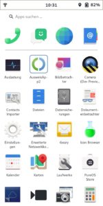 Abbildung 4: Der App-Drawer der bei Purism entwickelten Oberfl&auml;che Phosh zeigt die vorinstallierten Apps und bindet auch installierte Flatpaks und Webapps ein. &Uuml;ber einen Schalter k&ouml;nnen alle Apps sowie lediglich mobilfreundliche Apps angezeigt werden.