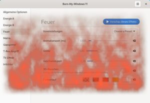 Abbildung 4: F&uuml;r alle Effekte, wie hier das namensgebende Feuer, gibt es in den Einstellungen von Burn-my-Windows eine Vorschau.