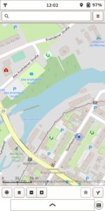 Abbildung 10: Die Standortbestimmung der App Gnome Karten liegt um etwa 100&nbsp;Meter daneben. Dar&uuml;ber hinaus fehlt die M&ouml;glichkeit der Navigation.