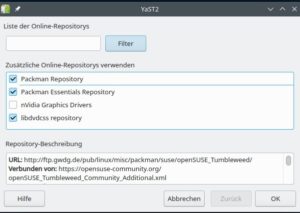 Abbildung 1: Das Packman-Repository f&uuml;r umfassende Multimediaunterst&uuml;tzung ist in der Paketverwaltung von OpenSuse zwar im Auslieferungszustand nicht eingebunden, l&auml;sst sich aber einfach per H&auml;kchen zuschalten.