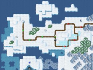 Abbildung 3: Die Übersichtskarte zeigt Tux' Weg, der ihn Level für Level zur Rettung seiner Freundin führt. Die grünen Markierungen zeigen bereits gemeisterte Spieleebenen an.
