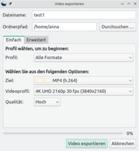 Abbildung 6: Der Exportdialog von OpenShot bietet zahlreiche Einstellungsoptionen für Bildauflösung, Frame-Rate, Container-Format, Codec und Qualität.