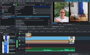 Abbildung 7: Die Oberfl&auml;che von Kdenlive, hier mit einem ziemlich perfekten Bluescreen-Effekt auf der Basis eines alles anderen als optimalen "blauen Schirms" (rechts).