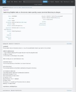 Abbildung 4: Ein Eintrag im KDE-Bugtracker beschreibt einen Fehler im Dateimanager Dolphin: Beim schnellen Wechsel von Verzeichnissen verliert das Konsolenunterfenster die Synchronisation mit dem Dateimanager.