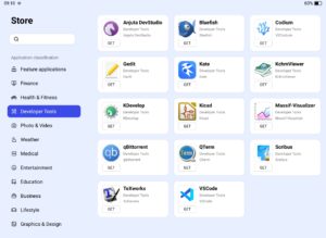Abbildung 4: Der in JingOS integrierte Software Store bietet derzeit keine allzu große Auswahl. Die Ubuntu-Repos, die Sie per Apt aus der Konsole ansprechen, sowie Flathub führen viel mehr Pakete.