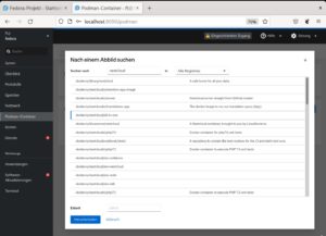 Abbildung 5: Das Einbinden von Podman in Cockpit erleichtert das Aufsetzen der Container. Das fängt bereits beim Download des benötigten Abbilds aus der Docker-Registry an.