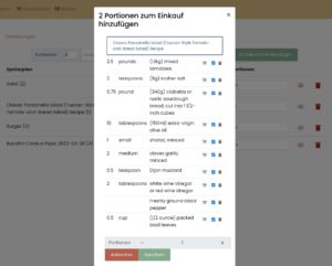 Abbildung 7: Stellen Sie fest, dass eine Zutat auf der Einkaufsliste ausreichend vorhanden ist, kennzeichnen Sie sie als lagernd und nehmen sie vom Einkauf aus.