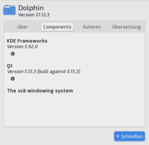 Abbildung 7: Der Eintrag <span class="ui-element">Über Dolphin</span> im Menü <span class="ui-element">Hilfe</span> nennt, wie bei vielen Anwendungen, die Programmversion und wichtiger die Bibliotheken.