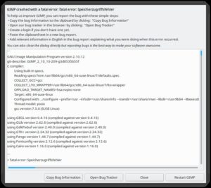 Abbildung 8: Einige wenige Programme wie Gimp öffnen nach einem Absturz selbst ein Fenster mit einem Backtrace für einen Bug Report.