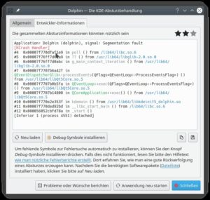 Abbildung 10: Die KDE-Absturzbehandlung automatisiert das Erstellen von Backtraces und sorgt für die hierfür erforderlichen Debuginfo-Pakete – hier unter OpenSuse Leap 15.3 per <span class="ui-element">Installieren</span>-Button, unter Tumbleweed sogar ganz ohne Benutzerinteraktion.