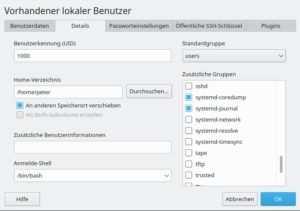Abbildung 11: Bearbeiten Sie unter Leap 15.3 im YaST-Modul <span class="ui-element">Benutzer- und Gruppenverwaltung</span> Ihr Benutzerkonto und aktivieren Sie im Reiter <span class="ui-element">Details</span> die Kontrollkästchen vor der Gruppenzugehörigkeit von <span class="ui-element">systemd-coredump</span> und <span class="ui-element">systemd-journal</span>.