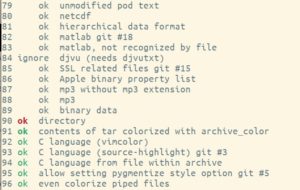 Abbildung 1: Ein Auszug aus der Ausgabe von <code>test.pl</code>. Man erkennt die Tests zur farbigen Ausgabe sowie das Fehlen des Hilfsprogramms Djvutxt.