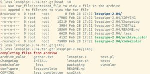 Abbildung 2: Oben ein Teil des Inhalts der Datei <code>lesspipe-2.04.tar.gz</code>, unten ein Beispiel f&uuml;r die Vervollst&auml;ndigung mit Doppelpunkt und [Tab].