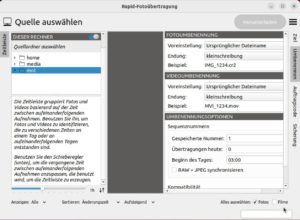 Abbildung 2: Für die Zeitleiste definieren Sie unten links den Zeitrahmen. Er gruppiert Fotos und Videos nach der Zeit, die zwischen aufeinanderfolgenden Aufnahmen verstrichen ist. Rechts geben Sie ein Schema für das automatisierte Umbenennen während des Downloads vor.