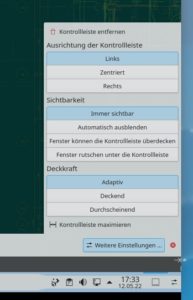 Abbildung 3: Wenn das Plasma-Theme es unterstützt, wie hier das KDE-Standard-Theme Breeze, kennen die KDE-Leisten nun die Deckkrafteinstellung <span class="ui-element">Adaptiv</span>, die ihre Transparenz bei direkt anliegenden Programmfenstern zurückfährt.