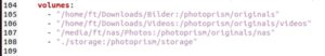 Abbildung 8: So sah im Test der Bereich <code>volumes</code> aus. Darin wurden je ein Bild- und Video-Ordner unter <span class="ui-element">Downloads</span> auf dem Host sowie der Ordner <code>Photos</code> auf einem NAS im Heimnetz eingehängt. Die letzte (Standard-)Zeile dürfen Sie keinesfalls entfernen.