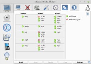 Abbildung 9: VokoscreenNG gestattet einen schnellen Überblick über die im System installierten Codecs und Container-Formate.