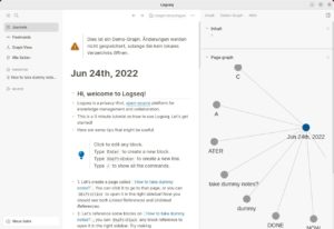 Abbildung 1: Die Desktop-Anwendung von Logseq gleicht der Webapp, beide Varianten k&ouml;nnen sich dasselbe Verzeichnis teilen. Die beiden Seitenleisten lassen sich ausblenden. Rechts k&ouml;nnen Inhalte, Graphen oder die Hilfe angezeigt werden.