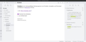 Abbildung 2: Im Hauptfenster von Obsidian sehen Sie in der Mitte die aktuell ge&ouml;ffnete Notiz. Links erscheint der Verzeichnisbaum des aktuell ge&ouml;ffneten Vaults. Rechts listet das Programm Verweise von anderen Notizen auf die aktuell ge&ouml;ffnete auf.