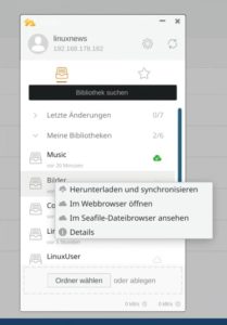 Abbildung 4: Den Seafile-Client gibt es sowohl für den Desktop als auch für Mobilgeräte. Der hier abgebildete Desktop-Client verrät seine Optionen über das Kontextmenü der rechten Maustaste.
