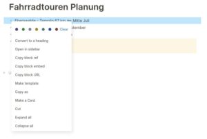 Abbildung 6: Ein Rechtsklick auf den Aufz&auml;hlungspunkt eines Blocks &ouml;ffnet eine Liste mit Optionen zu Formatierung. Sie k&ouml;nnen den Block farbig markieren, in ein Template umwandeln, den Eintrag in der Seitenleiste &ouml;ffnen, seine Referenzen kopieren oder eine Flashcard mit dem Inhalt erstellen.