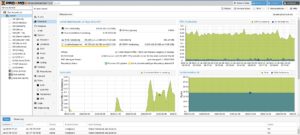 Abbildung 1: Die grafische Oberfläche von Proxmox im Webbrowser bietet eine gute Übersicht über den Ressourcenverbrauch und erlaubt über die Seitenleiste vielfältige Einstellungen.
