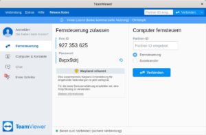 Abbildung 1: Unter Gnome&nbsp;42.3 und Wayland gestartet, warnt Teamviewer weiterhin, dass die Unterst&uuml;tzung des Wayland-Protokolls nur experimentell ist.