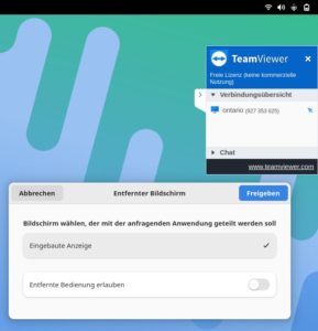 Abbildung 2: Beim Start einer Remote-Desktop-Verbindung &uuml;ber Teamviewer meldet Gnome, dass ein Programm die Kontrolle &uuml;ber den Desktop &uuml;bernehmen m&ouml;chte.
