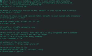 Abbildung 3: Atuin l&auml;sst sich schnell konfigurieren. Wichtig ist, sich f&uuml;r oder gegen das Synchronisieren zu entscheiden. Daf&uuml;r gibt die Konfiguration den offiziellen Atuin-Server vor. Hosten Sie selbst, muss hinter <code>sync_address</code> Ihre Server-Adresse stehen.