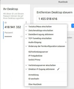 Abbildung 5: Die detaillierte Konfiguration des Rustdesk-Clients erreichen Sie &uuml;ber einen Klick auf die drei &uuml;bereinander gestapelten Punkte.
