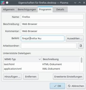 Abbildung 8: Um Firefox auch aus dem Startmen&uuml; in einer Sandbox zu starten, brauchen Sie wie auf der Konsole nur <code>firejail</code> vor den Programmaufruf zu schreiben.