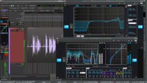 Abbildung 9: Die recht neue LSP-Plugin-Sammlung bietet die f&uuml;r Anpassungen besonders wichtigen Equalizer und Dynamikprozessoren in diversen Varianten mit h&uuml;bsch gestalteten Oberfl&auml;chen. Vereinfachte Anzeigen der Wirkung (links im Bild) lassen sich auch direkt in den Kanalzug des Mixers einblenden.