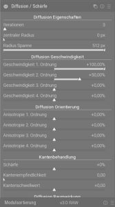 Abbildung 10: Zum Intensivieren von Nebel stellen Sie <span class="ui-element">Radius Spanne</span> auf einen hohen Wert und schieben die Regler unter <span class="ui-element">Diffusion Geschwindigkeit</span> nach rechts.