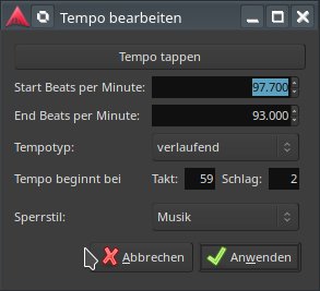 Abbildung 11: M&auml;&szlig;iges 4/4-Tempo, gefolgt von langsamem 3/4-Takt. MIDI-Noten und Audioclips folgen diesen &Auml;nderungen, sodass ein Klick die Wechsel sofort h&ouml;rbar macht.