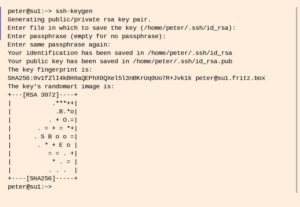 Abbildung 12: Der Befehl <code>ssh-keygen</code> erzeugt eine pers&ouml;nliche Schl&uuml;sseldatei, die sich nach dem &Uuml;bertragen auf einen Rechner per <code>ssh-copy-id</code> zur Remote-Anmeldung nutzen l&auml;sst.