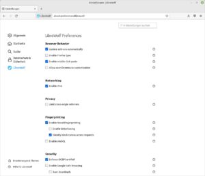 Abbildung 2: LibreWolf kommt mit einem eigenen Konfigurationsdialog, in dem viele sicherheitsrelevante Optionen angepasst werden k&ouml;nnen.