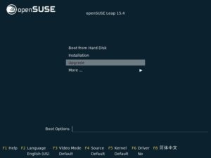 Abbildung 2: Eine OpenSuse-Leap-Installations-DVD bietet für eine bestehende OpenSuse-Installation gleich nach dem Start die Option <span class="ui-element">Upgrade</span> an.