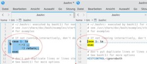 Abbildung 3: Ein Klick auf das Dreieck (links) versteckt den entsprechenden Code-Abschnitt hinter einer gestrichelten Linie (rechts) und sorgt so f&uuml;r mehr &Uuml;bersicht.
