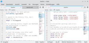 Abbildung 6: Dank der zwei Ansichten haben Sie hier links den Anfang der <code>.bashrc</code> und rechts den Abschnitt mit den Alias-Einstellungen im Blick.