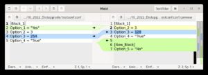 Abbildung 9: Über die Pfeil-Icons lassen sich in Meld die in der neuen Version hinzugekommenen Einstellungen (wie <span class="ui-element">Option_5</span>) kinderleicht mit bestehenden Änderungen (<span class="ui-element">Option_3</span>) zusammenmischen.