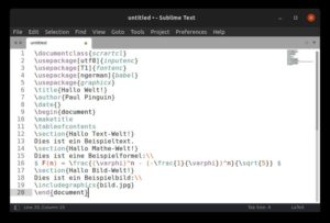 Abbildung 1: Hier hat Sublime Text die ge&ouml;ffnete Datei als LaTeX-Dokument erkannt und wendet die passende Syntaxhervorhebung an.