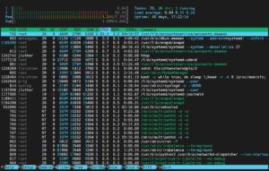 Abbildung 2: Mit Htop wurde die Aufbereitung der Informationen nicht zuletzt durch die farbige Darstellung &uuml;bersichtlicher. Die Bedienung blieb allerdings wenig intuitiv.