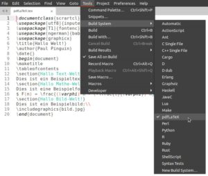 Abbildung 3: Sublime Text l&auml;sst sich zu einer kleinen Entwicklungsumgebung ausbauen, um Code direkt aus dem Editor heraus auszuf&uuml;hren. Hier wird die ge&ouml;ffnete LaTeX-Datei mit PDFLaTeX verarbeitet.