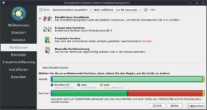 Abbildung 3: Die Partitionierung gelingt in Calamares (hier unter Emmabuntüs) nicht ganz so intuitiv wie bei Ubiquity.