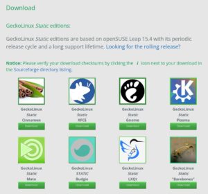 Abbildung 3: Die Webseite von GeckoLinux präsentiert nicht weniger als 19 Installationsmedien für bestimmte Desktop-Umgebungen sowie die Leap- und Tumbleweed-Varianten.