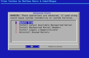 Abbildung 4: Unter <span class="ui-element">Advanced Tools</span> lassen sich auf Mausklick unter anderem Kernel samt Headern installieren und der Bootmanager Grub aktualisieren.