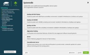 Abbildung 4: Plasma, XFCE oder Gnome? Wer von den beiden großen Linux-Desktop-Umgebungen nicht kennt, versteht bei der Desktop-Auswahl von OpenSuse nur Bahnhof.