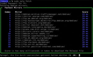 Abbildung 6: Der Befehl <code>nala fetch</code> &uuml;berpr&uuml;ft alle Debian-Mirrors und sucht die schnellsten f&uuml;r Ihren Standort heraus.